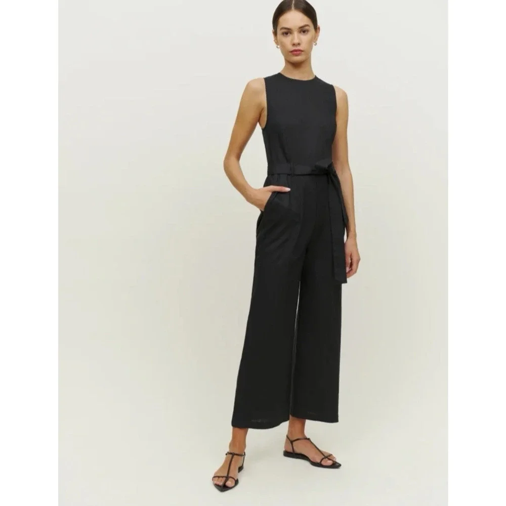 REFORMATION Naomi Linen Jumpsuit Black Women's Size 12 (Missing matching‎ belt)